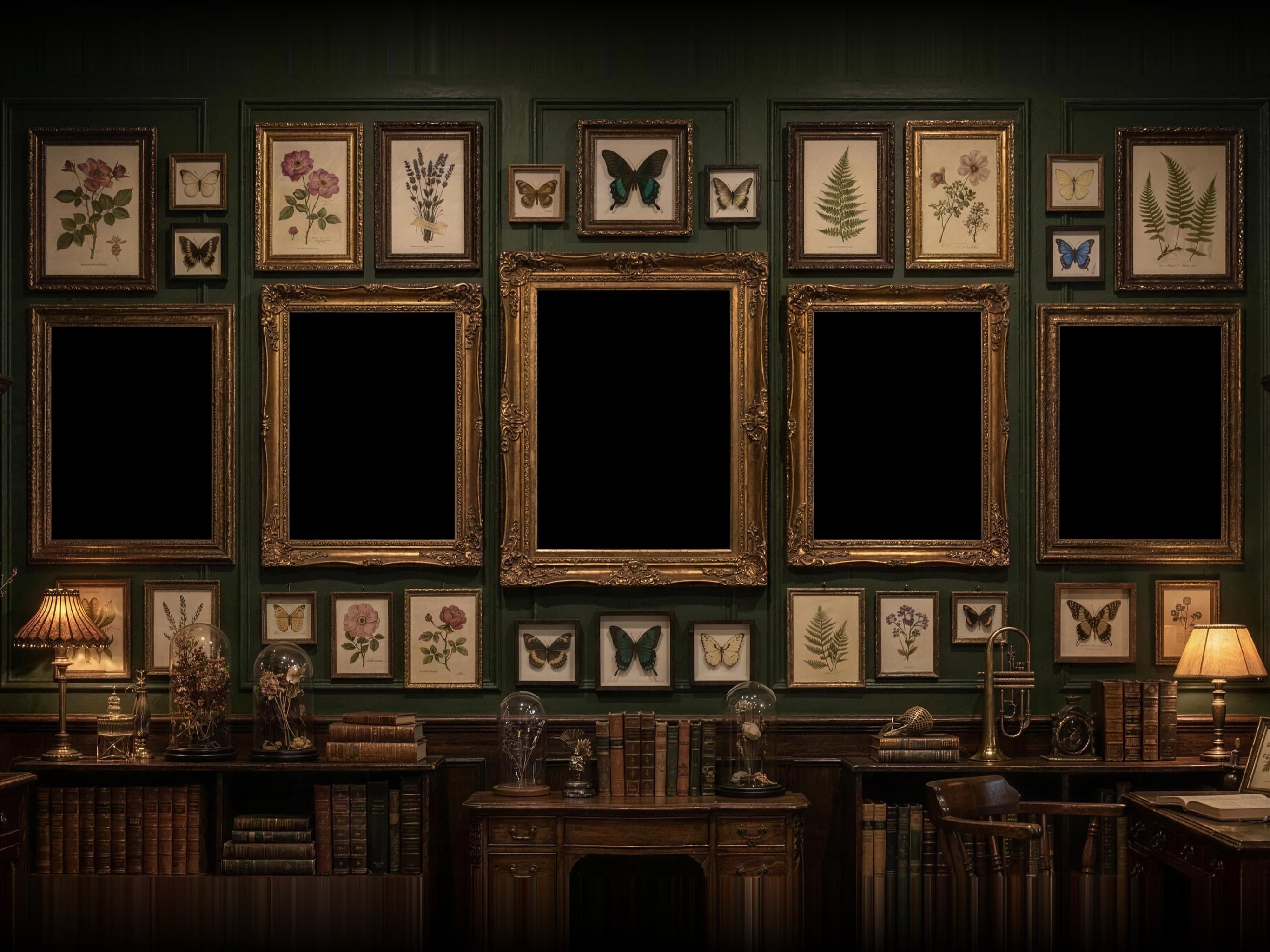 Botanical gallery wall hung with living portraits